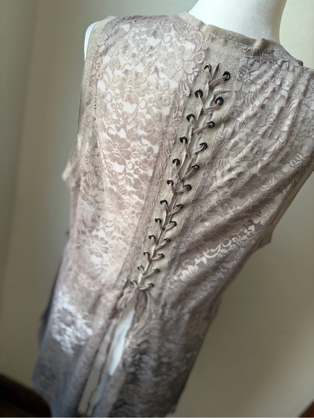 Voice of California Taupe Ombre Lace Open Front Duster Vest XL Boho - Picture 6 of 7